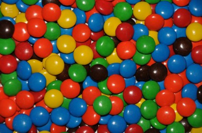 Close-up overhead view of colorful M&M candy.